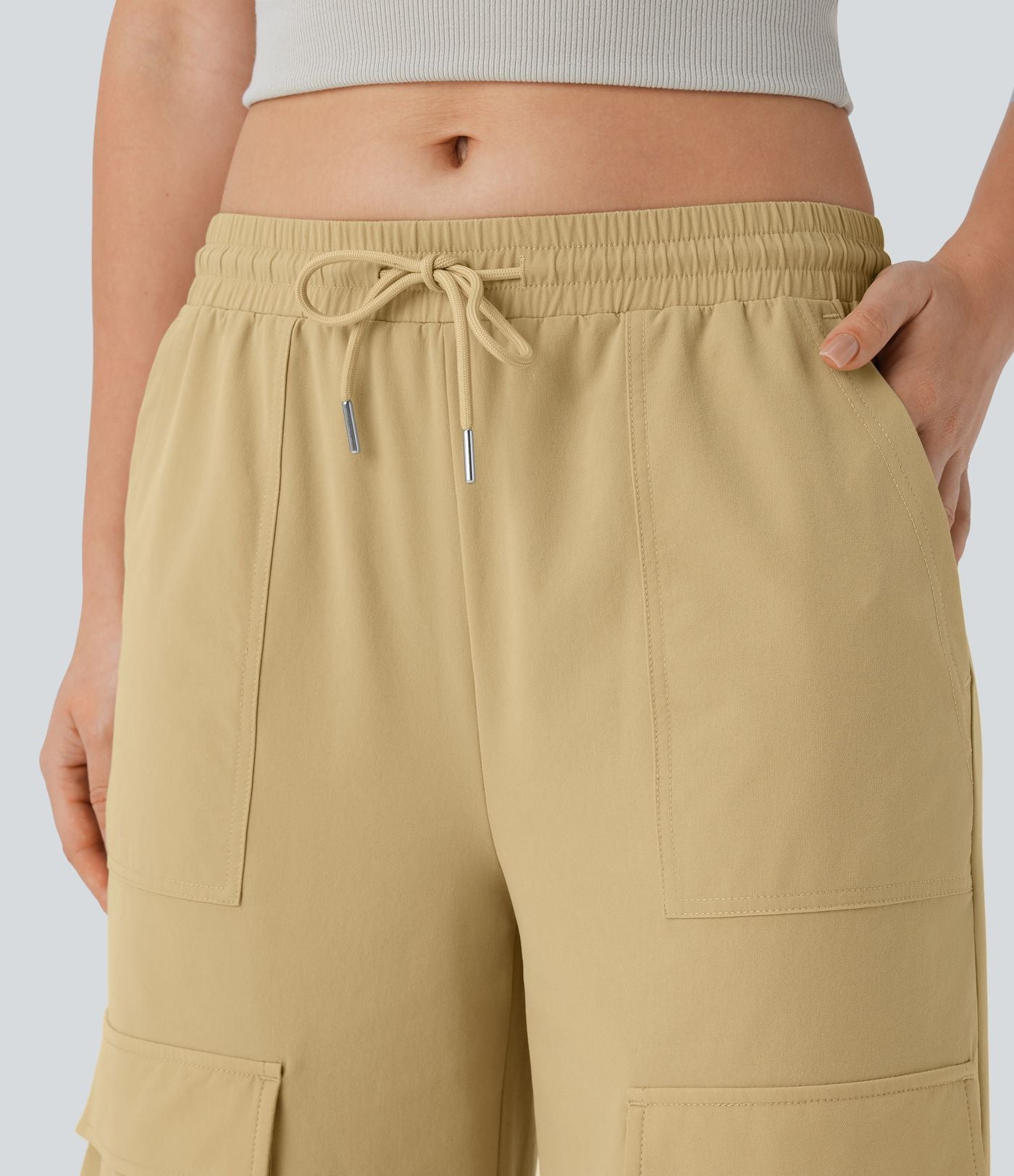 Pantalon cargo décontracté large à cordon, taille mi-haute, avec poches