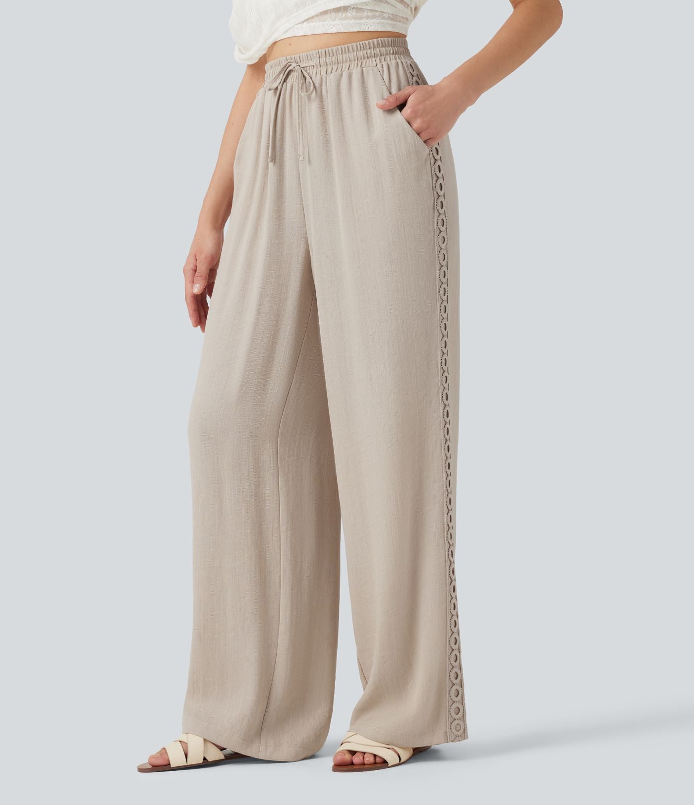 Pantalon décontracté taille haute à cordon de serrage, effet lin, avec poches