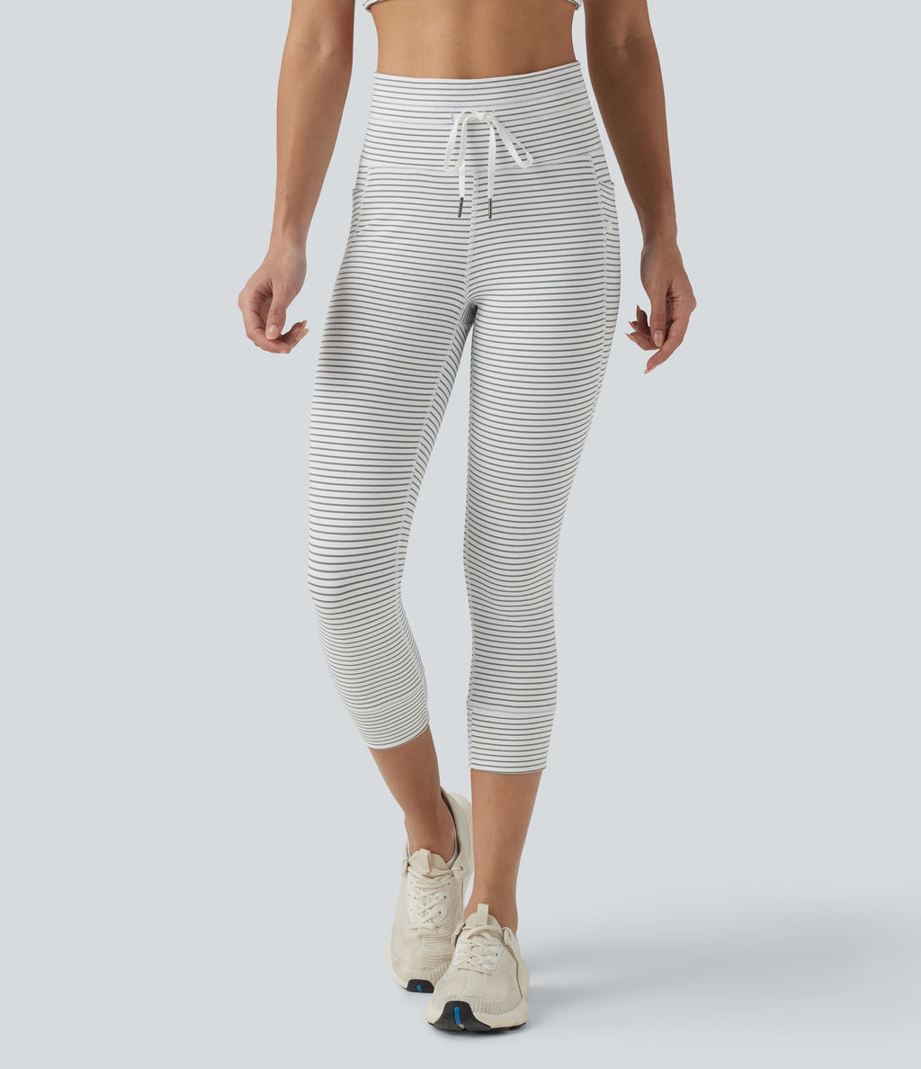 Legging corsaire de yoga taille haute à rayures avec cordon de serrage et poches
