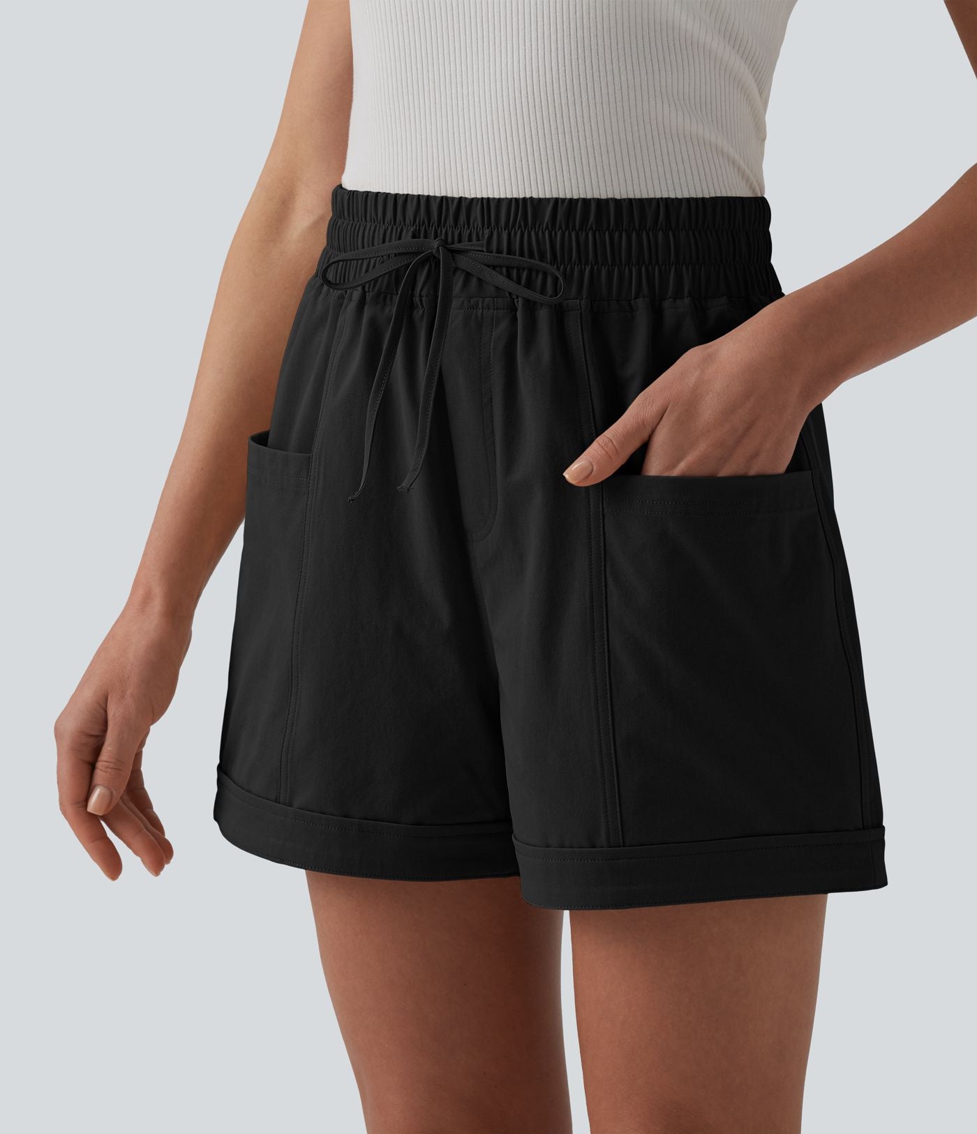 Short casual ample taille mi-haute en popeline extensible à cordon de serrage avec poches