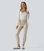 Pantalon 7/8 moulant décontracté polaire gainant taille haute extensible effet cuir avec poches