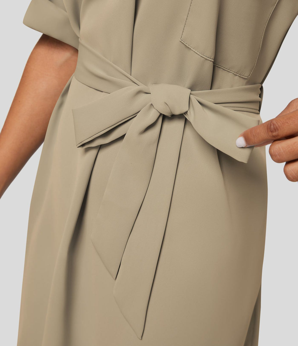 Robe-chemise décontractée à col, manches retroussables et ceinture