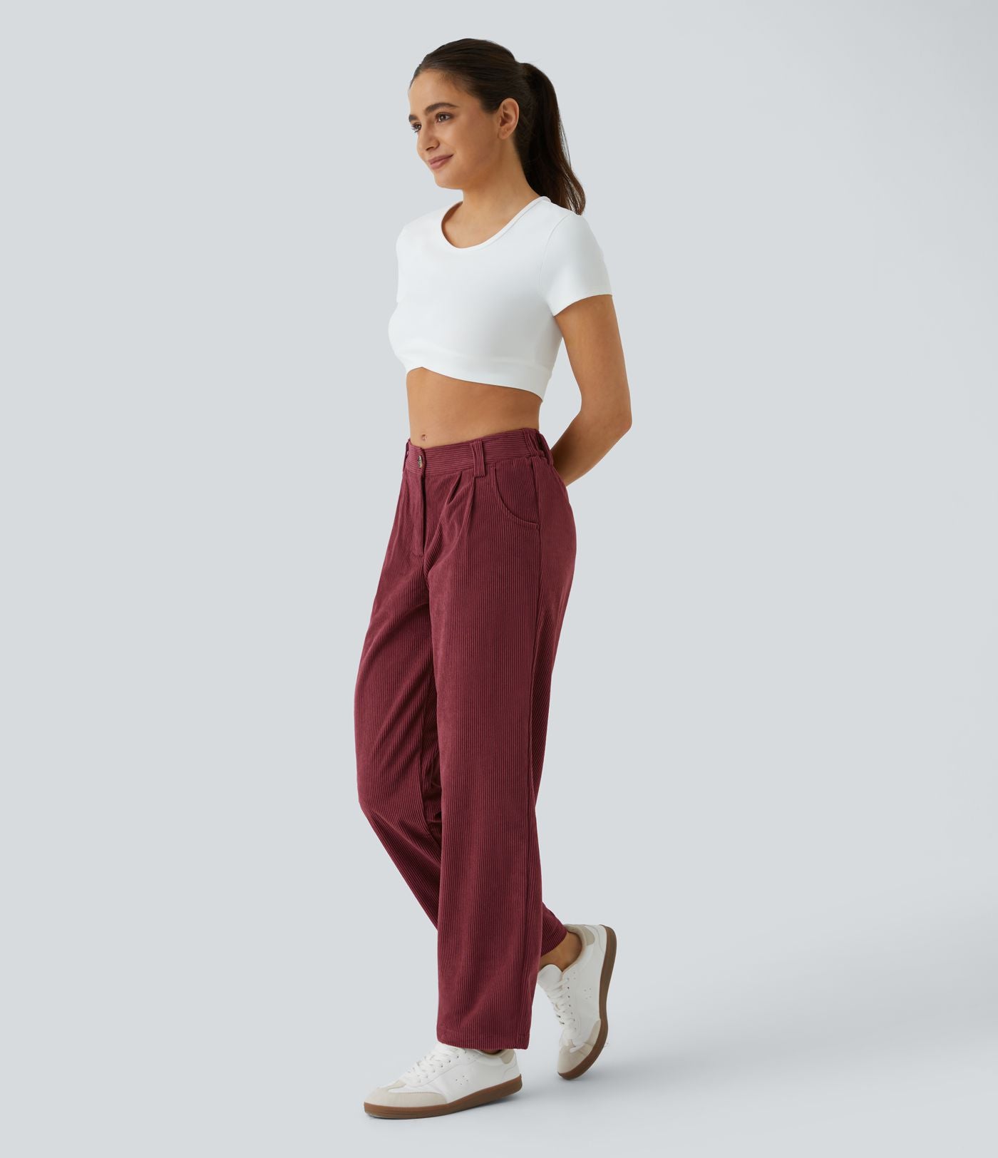 Pantalon en velours côtelé décontracté taille moyenne avec poches latérales