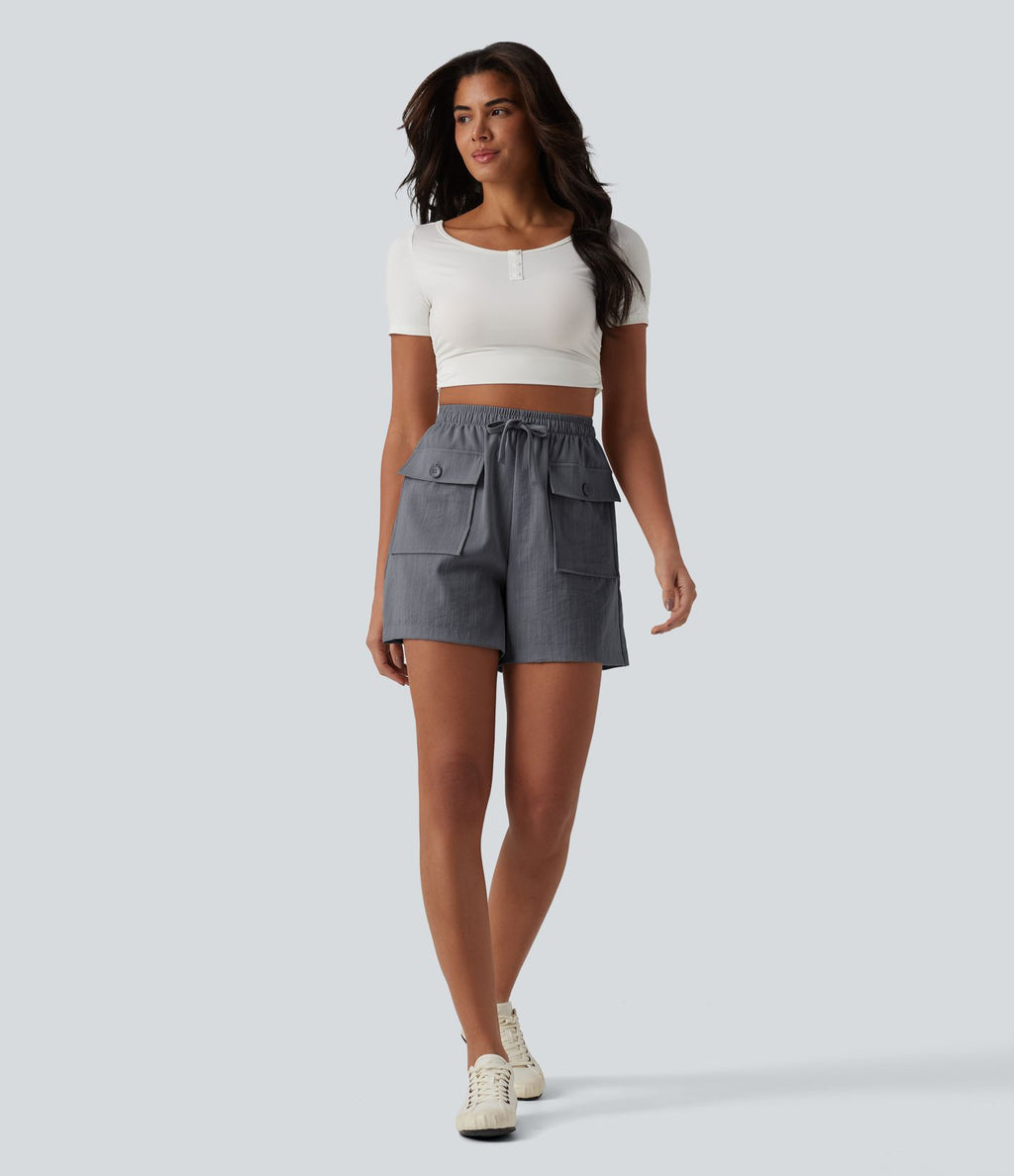 Short décontracté aspect lin taille haute avec cordon de serrage et poches