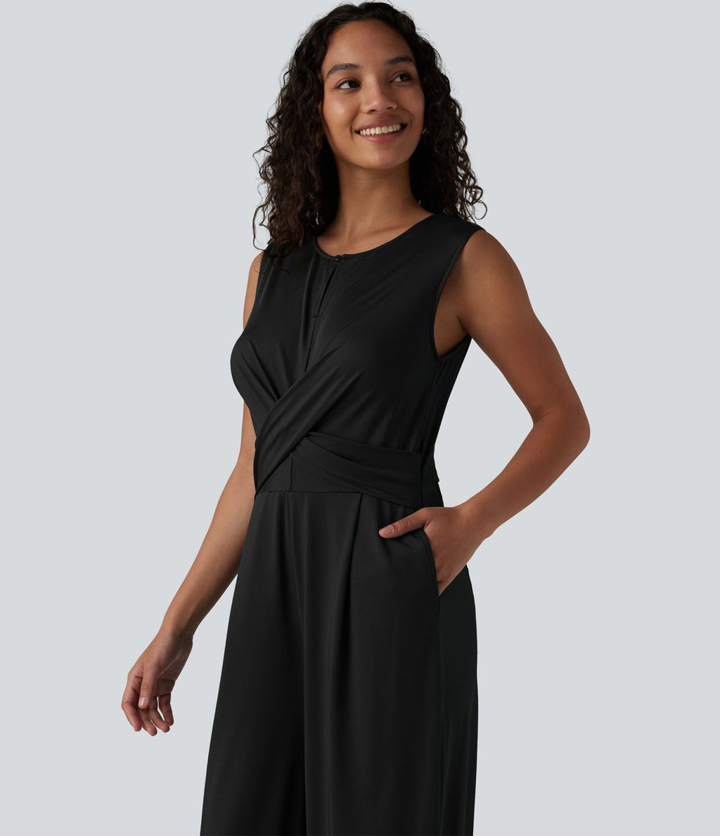Combinaison tailleur jambe droite sans manches à col rond et taille croisée avec poches - Édition Easy Peasy