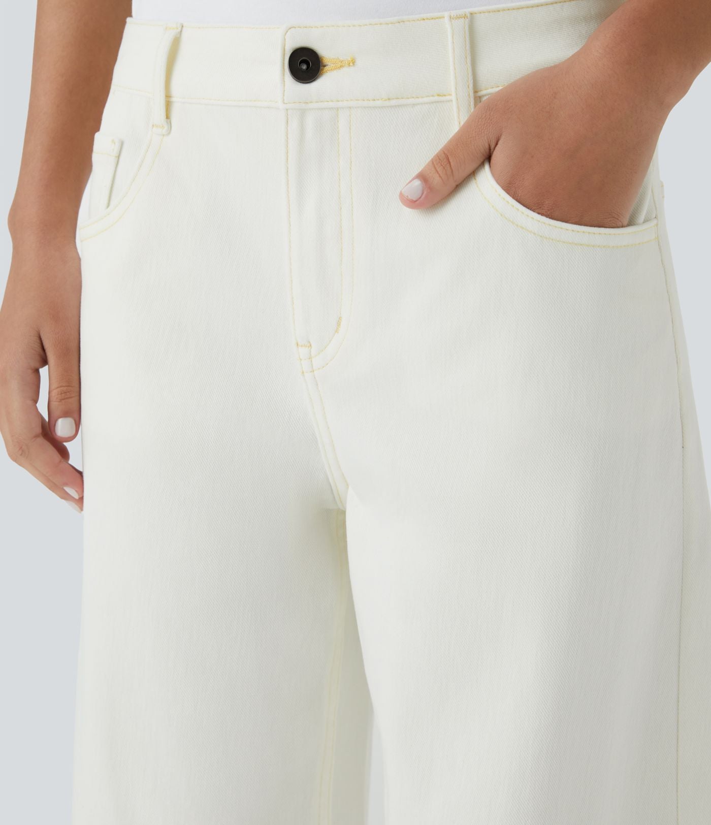 Halara Flex™ Jean Large Casual Taille Basse avec Boutons Zip Multiples Poches Lavés Élastiques et Tricotés