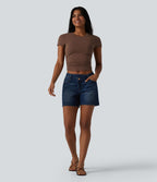T-shirt casual Halara en jersey de coton col rond à manches courtes froncé avec brassière intégrée