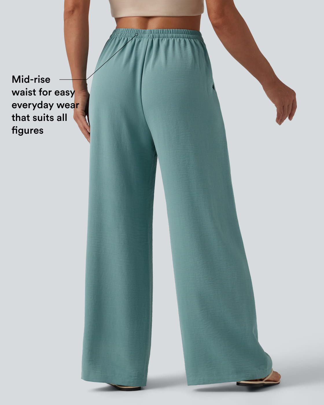 Pantalon large décontracté taille mi-haute avec cordon de serrage aspect lin avec poches