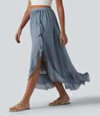 Jupe longue fluide taille haute à volants et ourlet asymétrique