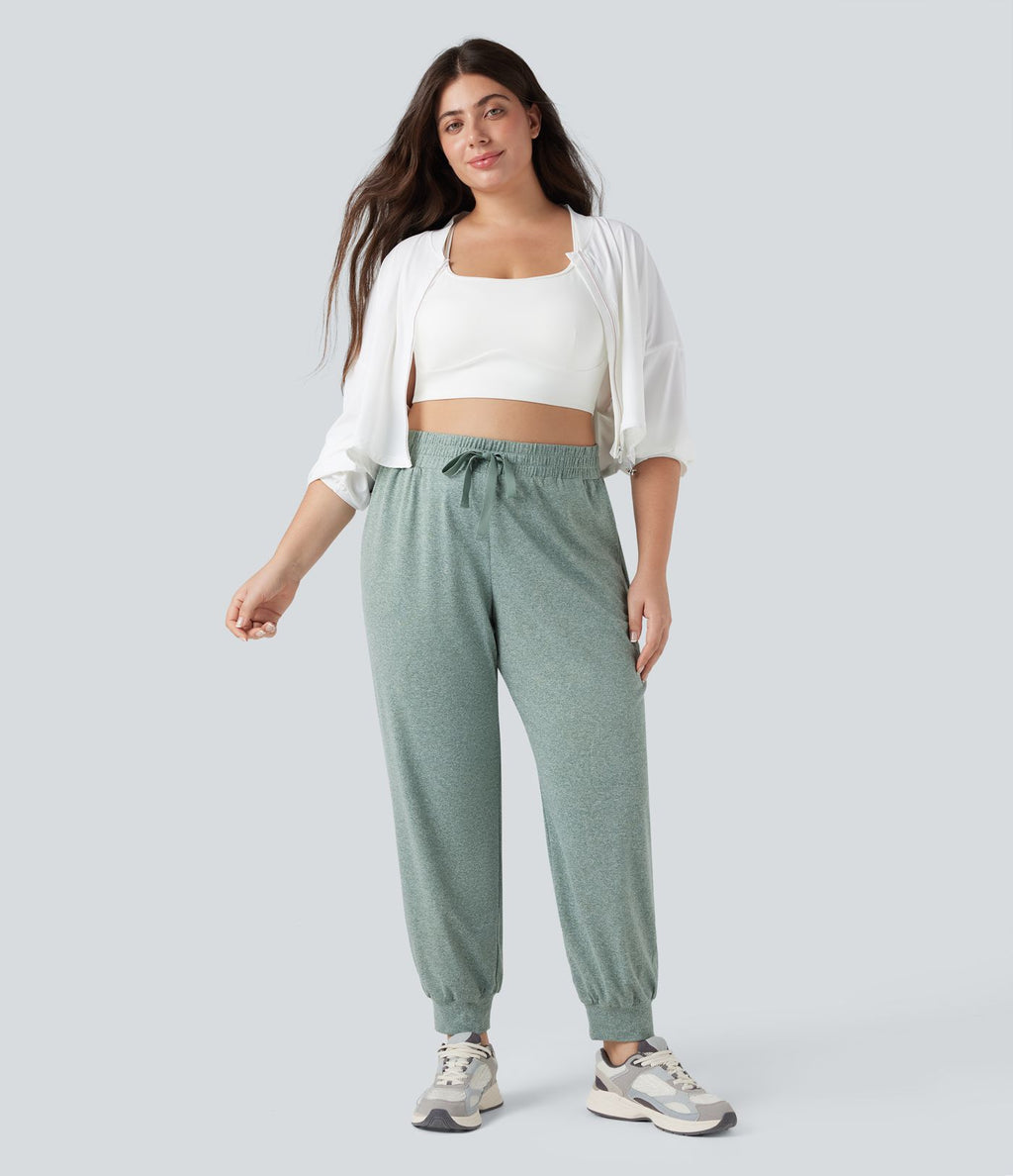 Jogging yoga grande taille froncé taille haute avec cordon de serrage et poches