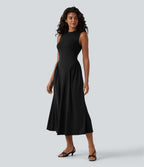Robe midi casual fluide sans manches à col rond avec poches