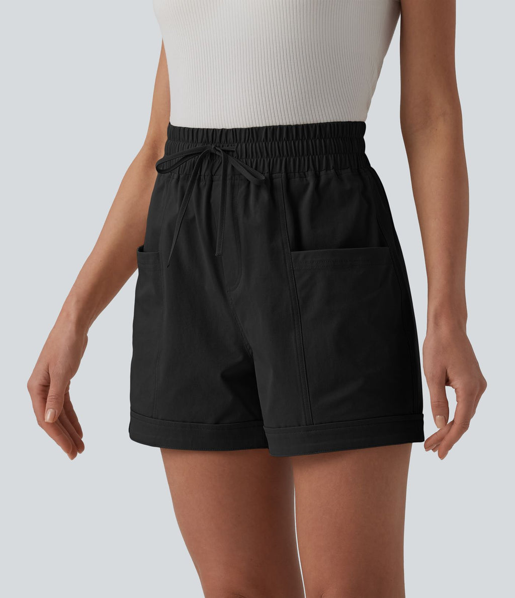 Short casual ample taille mi-haute en popeline extensible à cordon de serrage avec poches