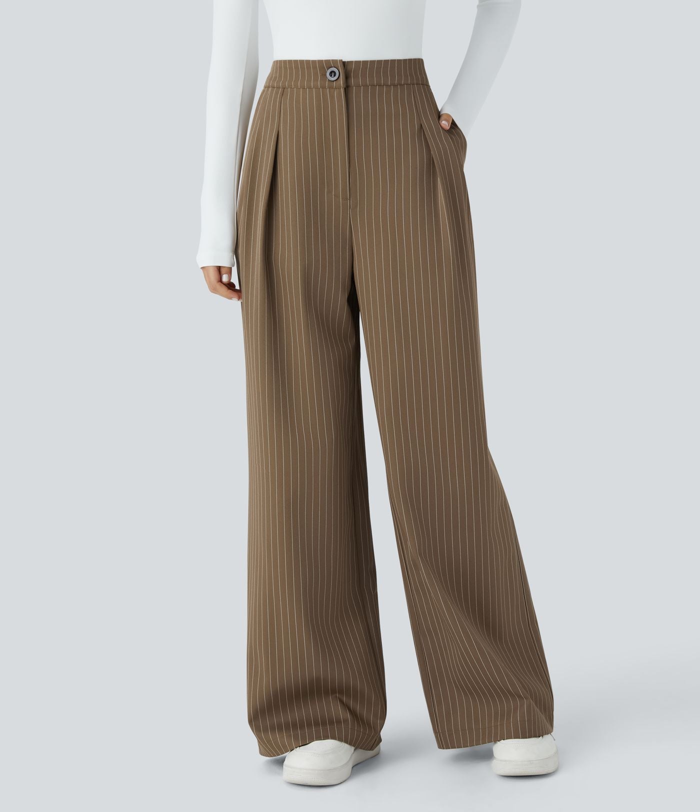 Pantalon Tailleur Large Fluide à Rayures, Taille Haute, Bouton et Fermeture Éclair, Poches Latérales