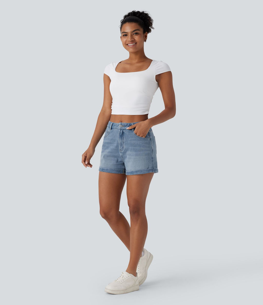 Short 7,5 cm décontracté en jean extensible Halara Flex™ taille moyenne avec boutons, zip et multiples poches