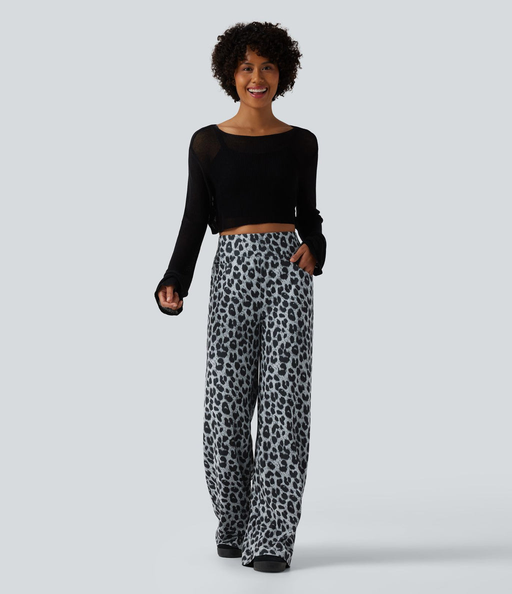 Pantalon large décontracté taille haute gaufré imprimé léopard avec poches