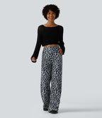 Pantalon large décontracté taille haute gaufré imprimé léopard avec poches