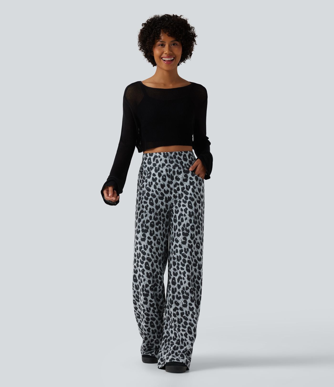 Pantalon large décontracté taille haute gaufré imprimé léopard avec poches