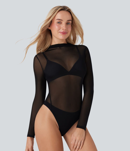 Body décontracté transparent en maille à col montant et boutons-pression