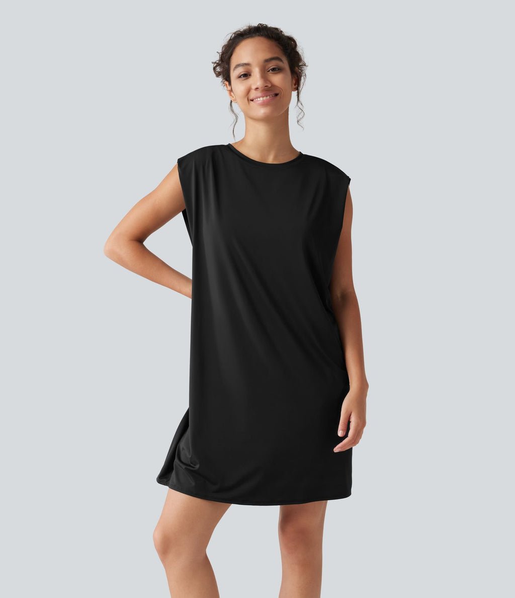 Robe active mini de yoga à col rond avec coussinets amovibles, poches et protection solaire UPF 50+