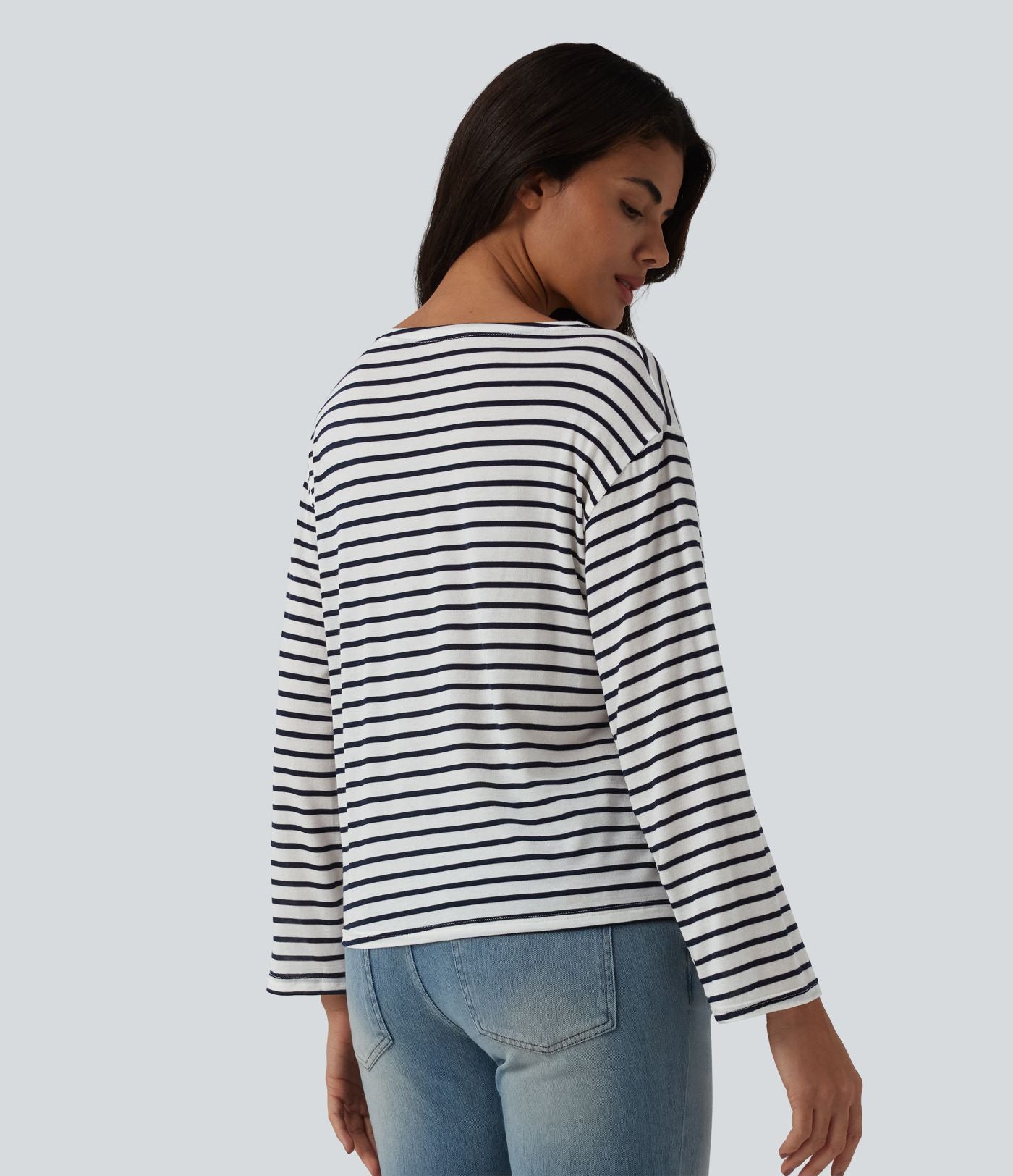 Top casual à rayures col bateau manches longues avec ourlet à cordon de serrage