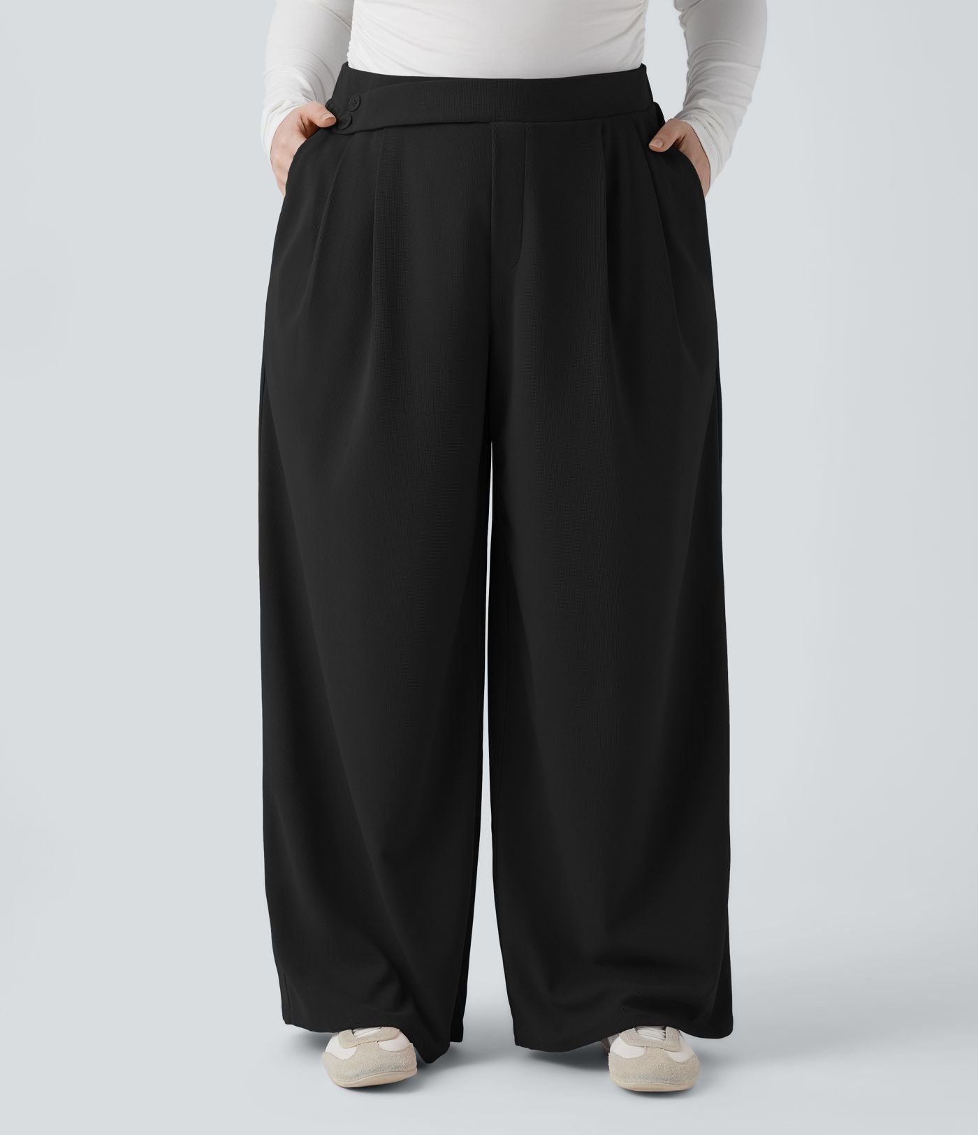 Pantalon décontracté grande taille large en maille gaufrée, taille haute, avec poches