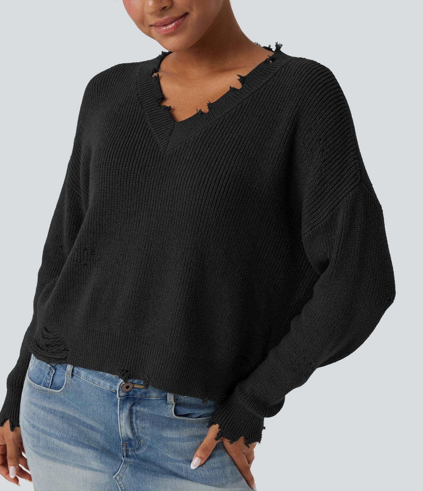 Pull casual col V délavé manches longues