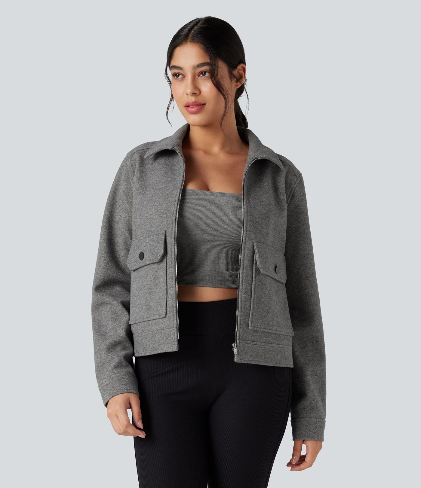 Veste polaire col chemise fermeture éclair manches longues avec poches