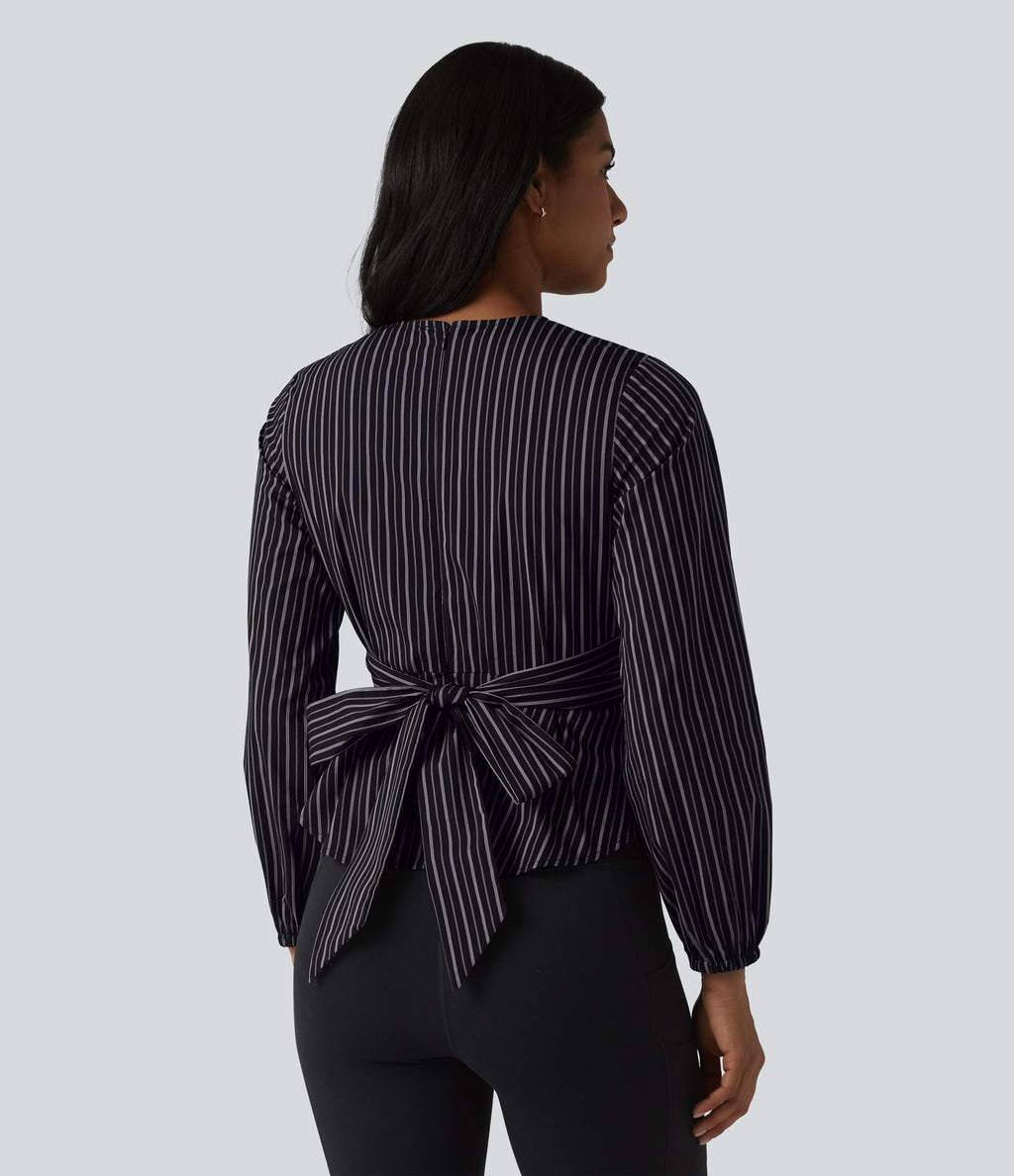 Blouse de travail rayée à col V, manches longues et dos noué
