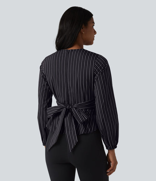 Blouse de travail rayée à col V, manches longues et dos noué