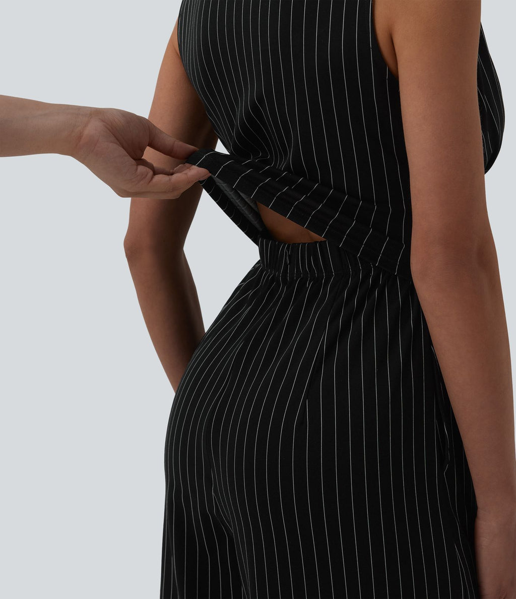 Combinaison tailleur col V sans manches à rayures et fronces avec poches - Easy Peasy