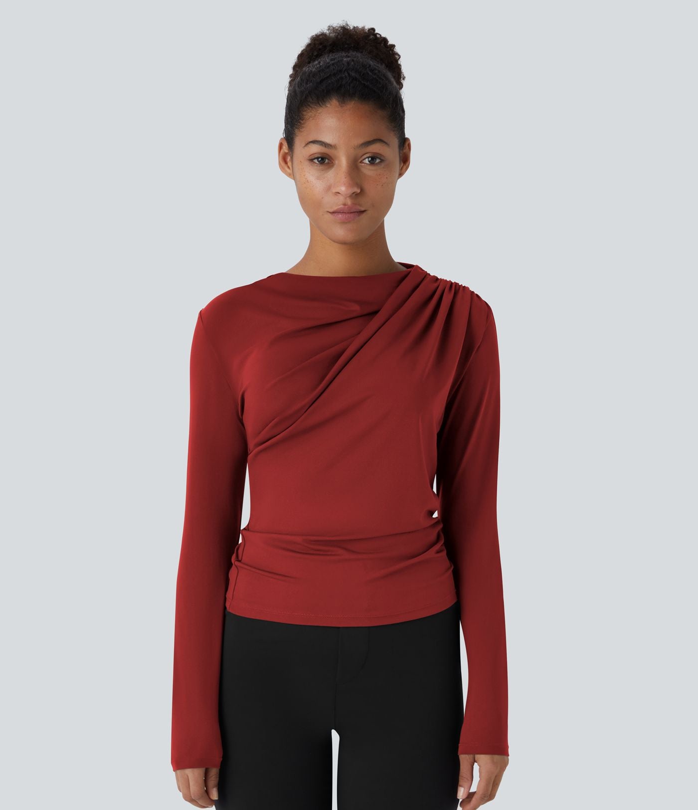 Cowl Neck Ruched Long Sleeve Slim Work Top