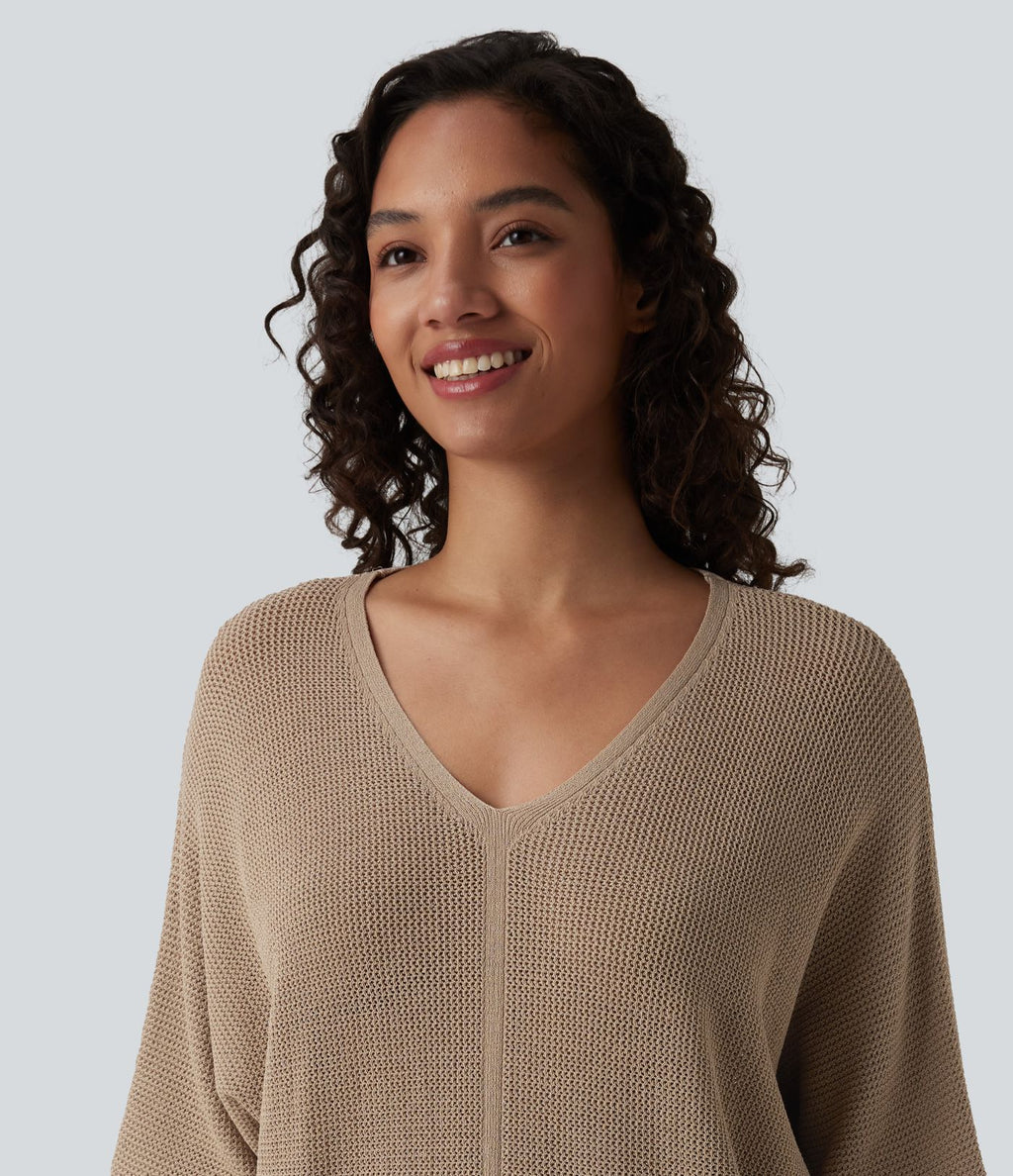Pull décontracté col V à manches mi-longues