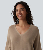 Pull décontracté col V à manches mi-longues