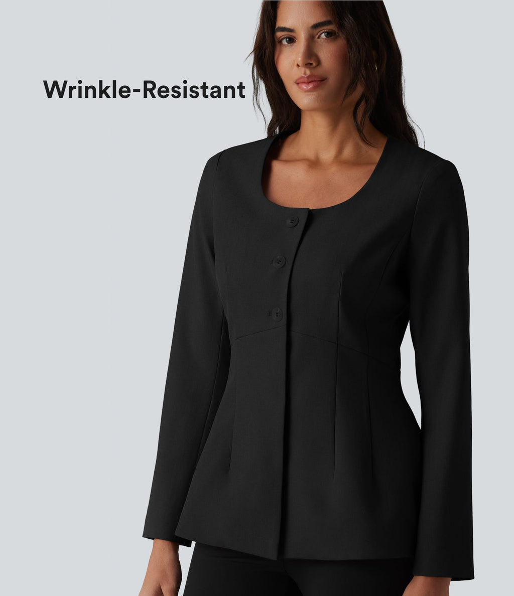 Blazer tailleur infroissable col U manches longues aspect lin
