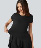 Robe mini décontractée SoftlyZero™ Airy col rond, manches courtes, ourlet à volants étagés, à effet frais InstantCool