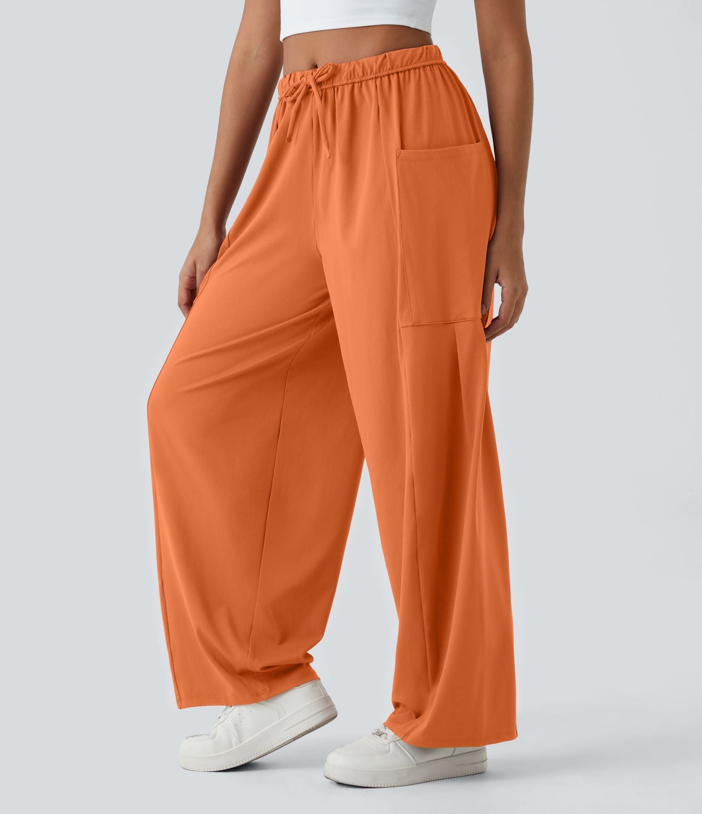 Pantalon Large Fluide Taille Mi-Haute Taille Élastique Cordon Poches Latérales Ourlet Flottant
