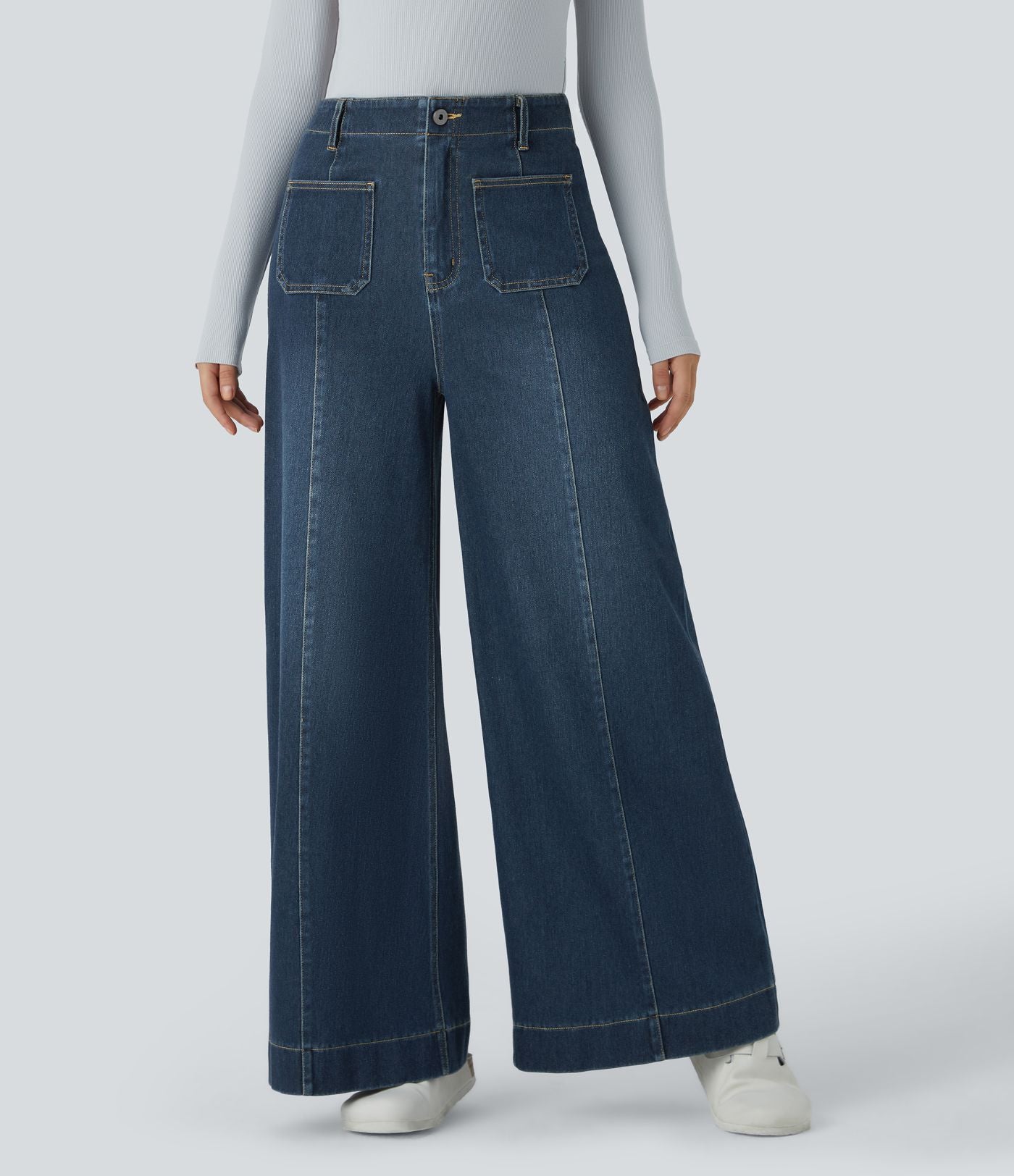 Halara Flex™ Jean large Palazzo et Taille Haute avec Poches Avant en Tricot Extensible Lavé