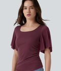 T-shirt décontracté maille côtelée col carré manches papillon froncé