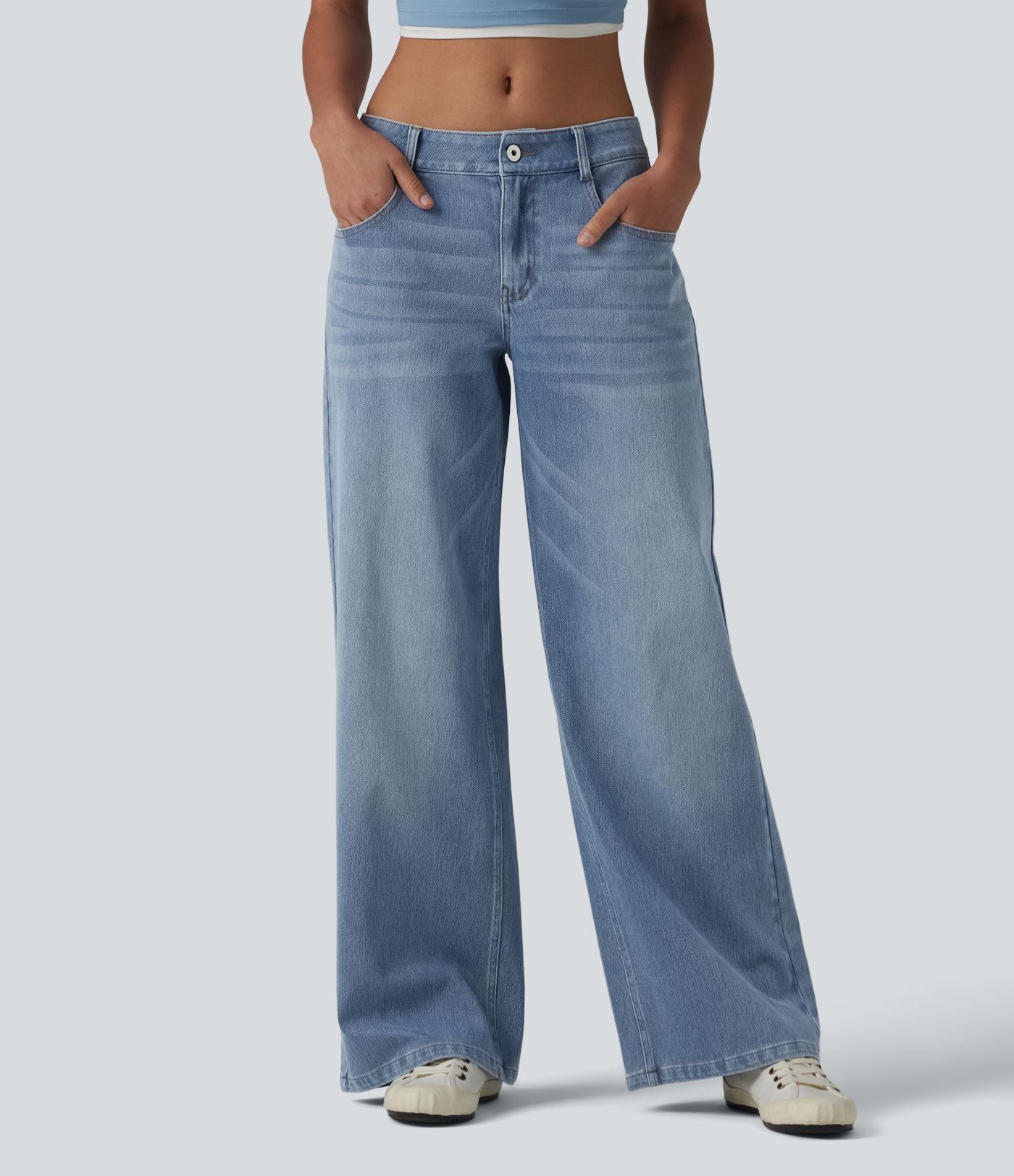 Halara Flex™ Jean Large Casual Taille Basse avec Boutons Zip Multiples Poches Lavés Élastiques et Tricotés