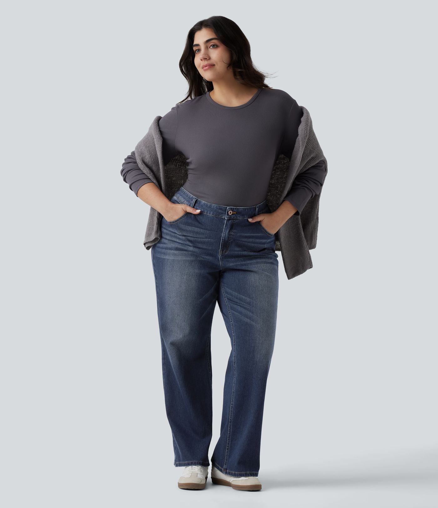 Jean bootcut décontracté Halara Flex™ délavé taille basse grande taille avec poches