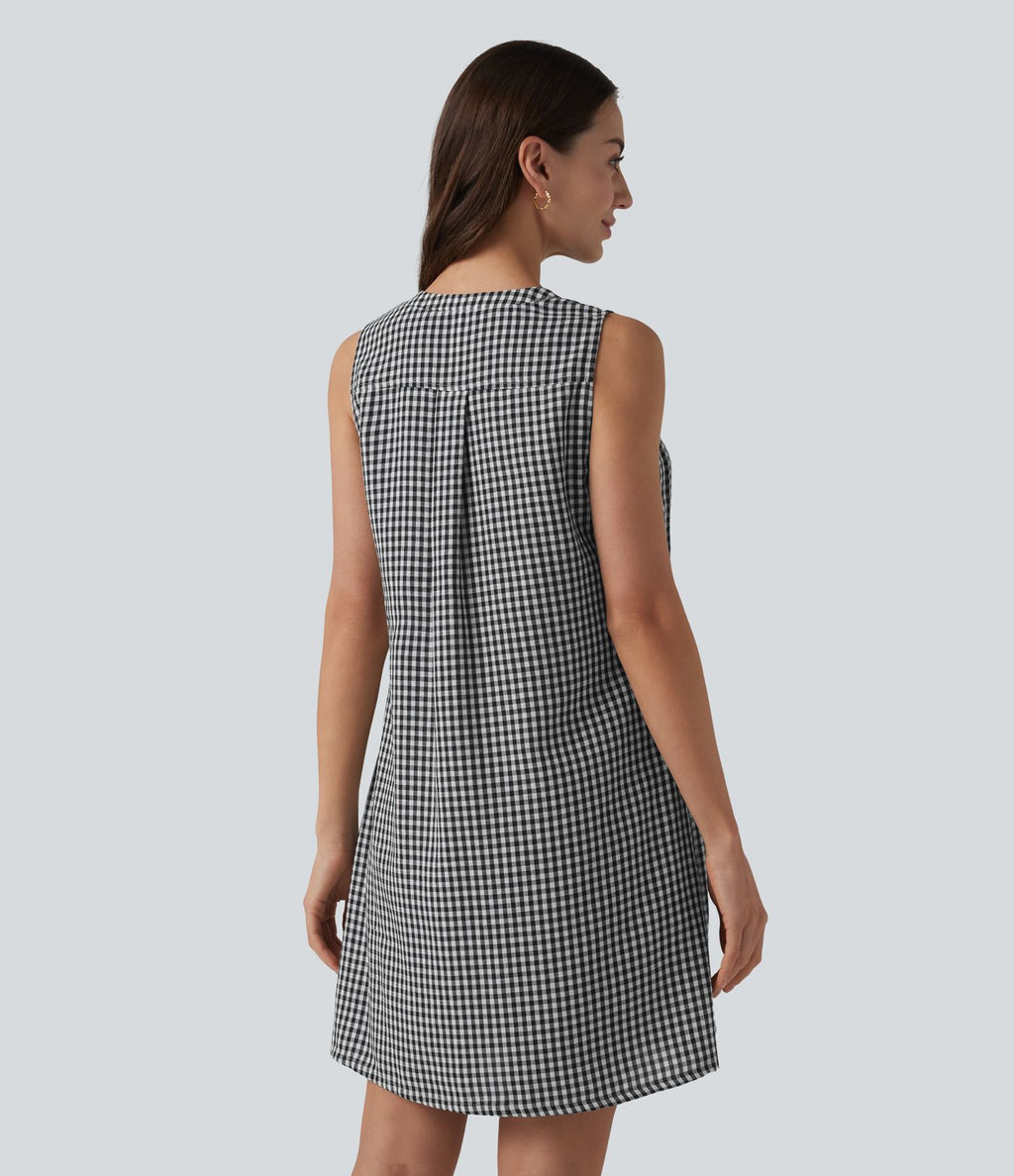 Robe courte sans manches col rond à carreaux aspect lin avec poches