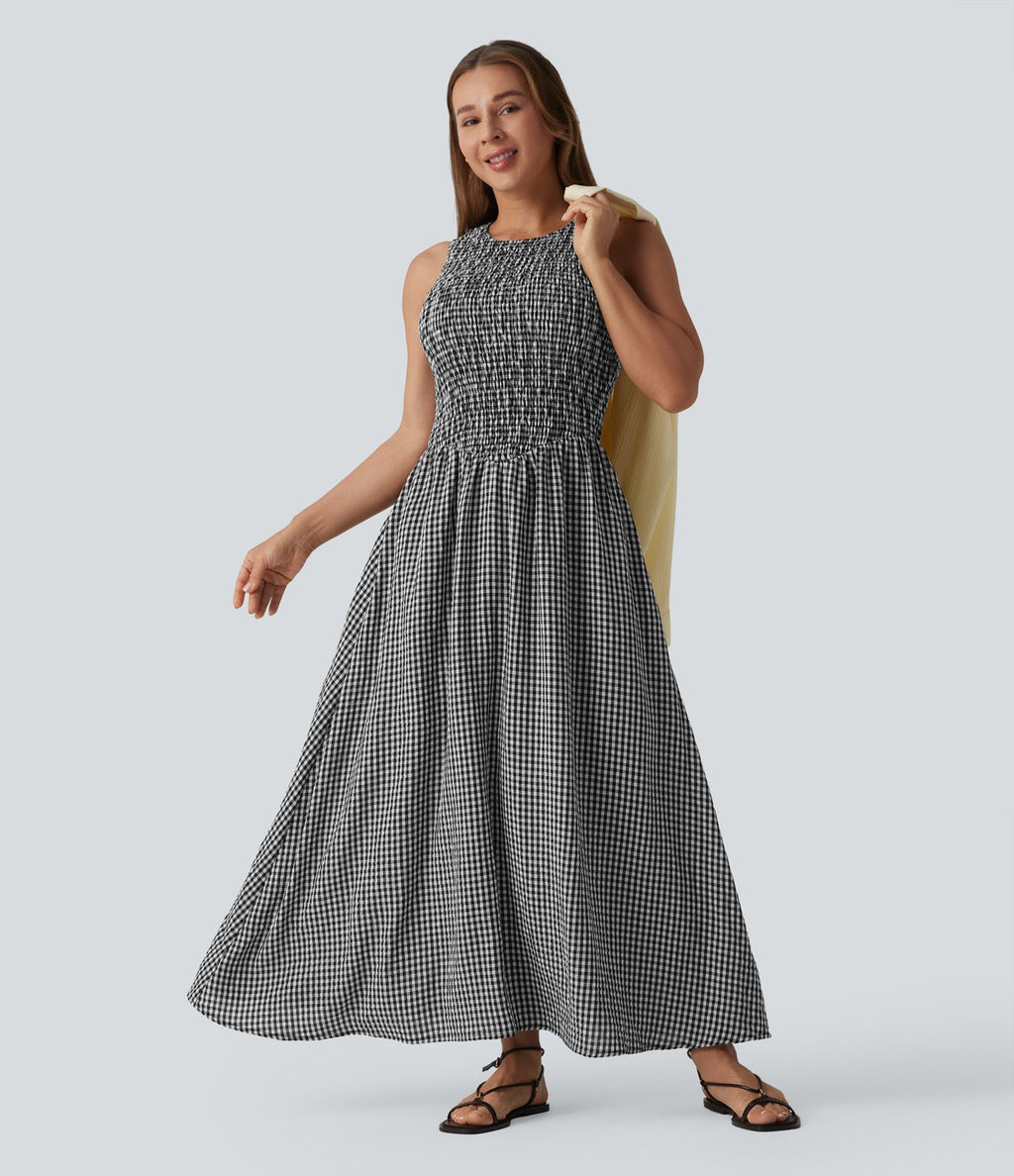Robe midi fluide casual col rond sans manches à smocks et carreaux aspect lin avec poches