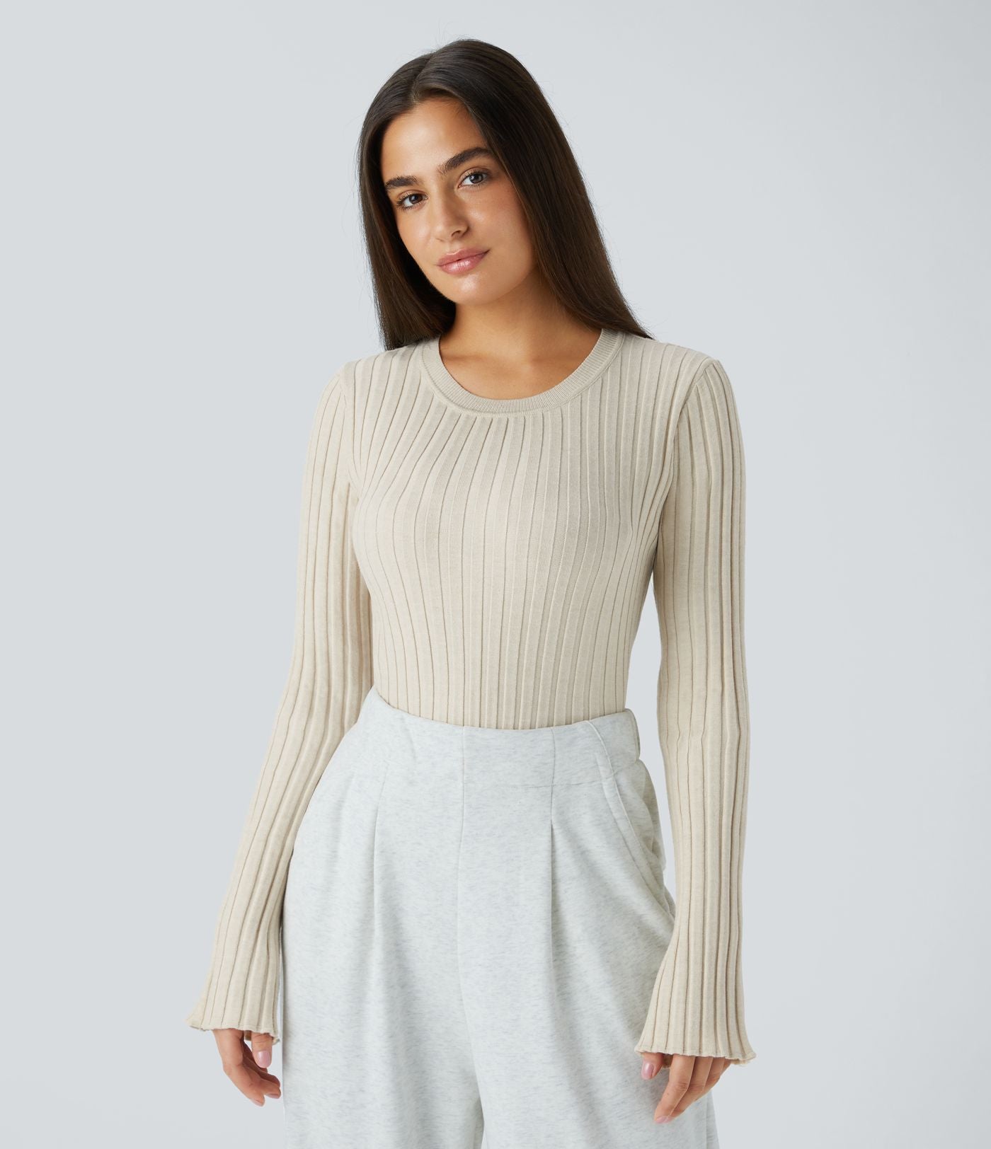 Pull Décontracté à Col Rond, Manches Longues et Volants