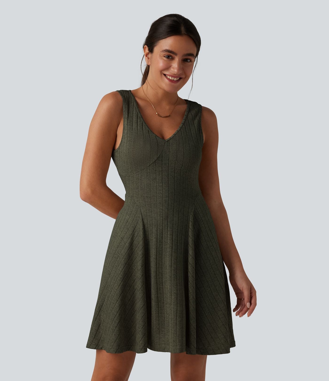 Robe débardeur mini casual évasée col V en maille côtelée avec poches