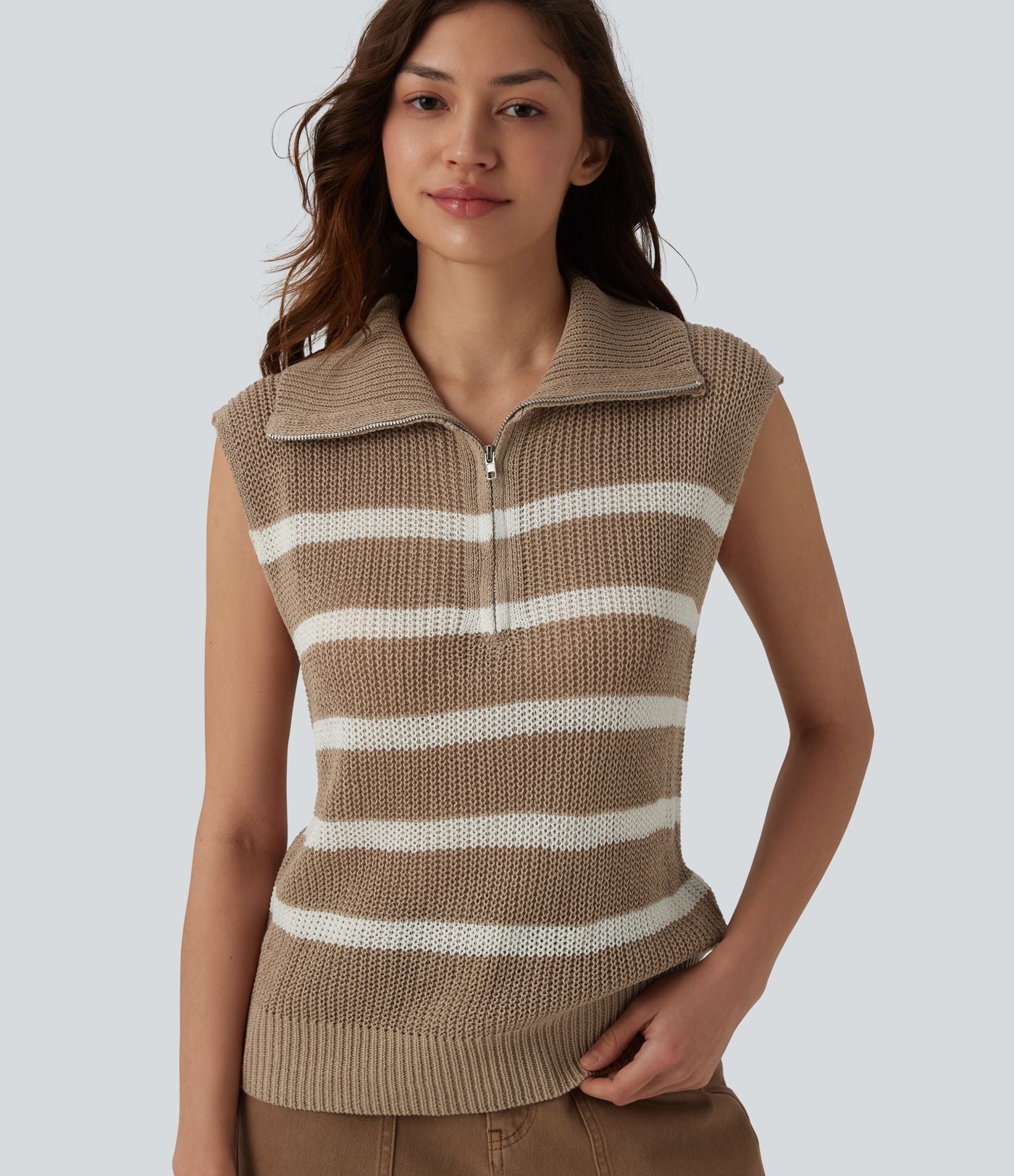 Pull décontracté sans manches demi-zip à rayures