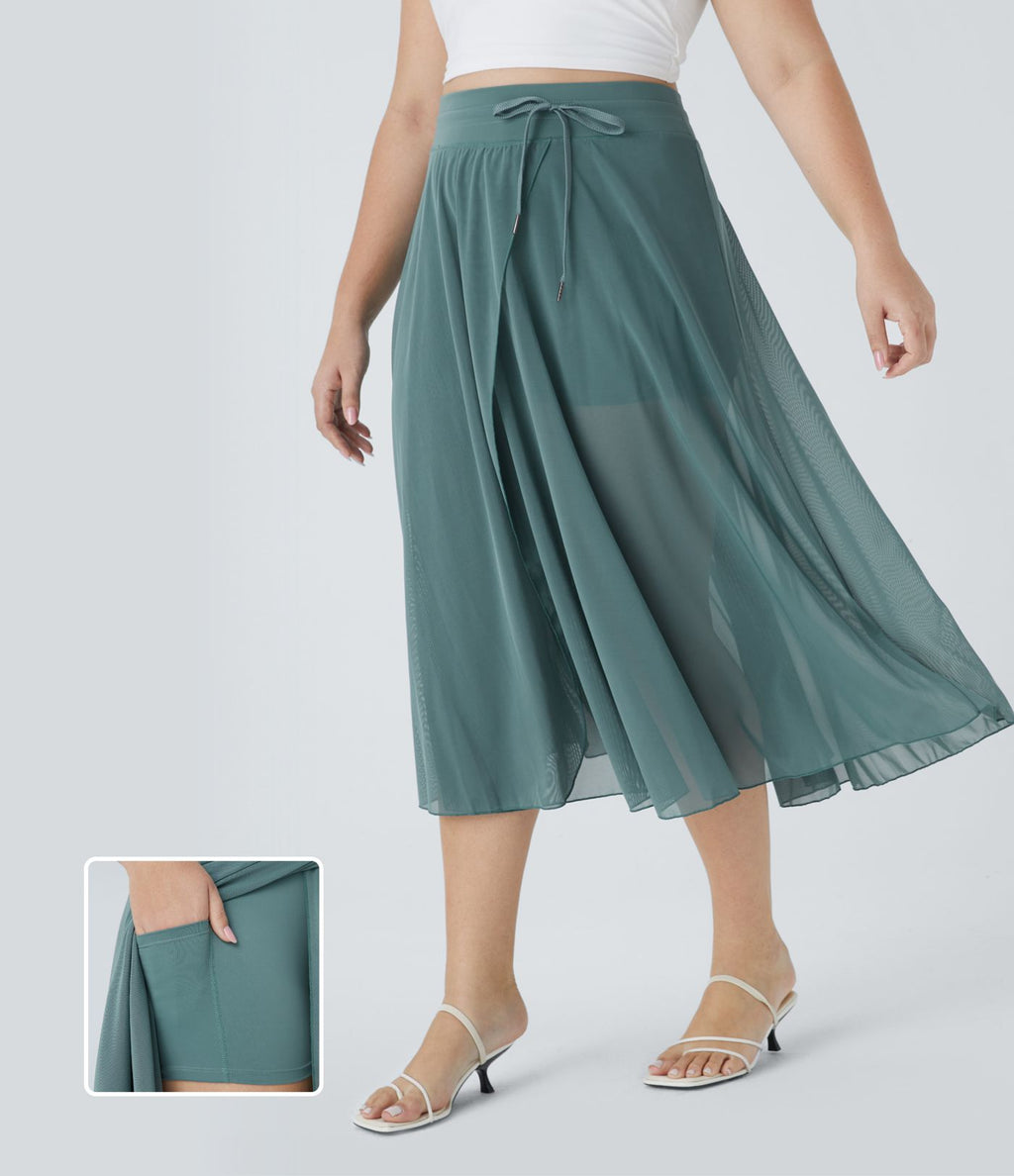 Jupe Taille Haute 2 En 1 En Maille Contrastée Avec Cordon De Serrage Et Poche Latérale Fluide Evasée Casual Grande Taille