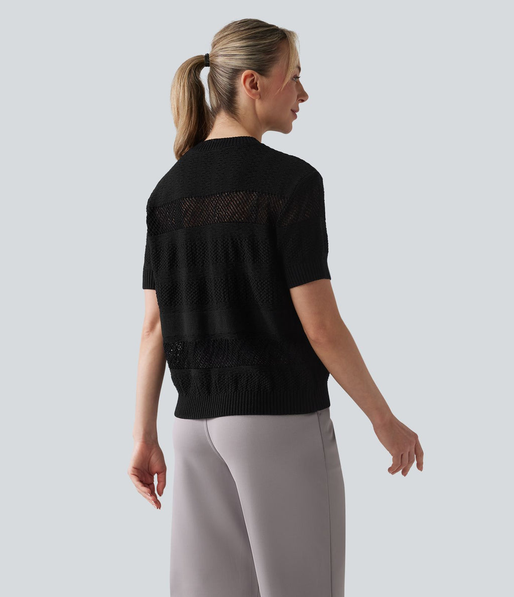 Pull tailleur col rond manches courtes crochet