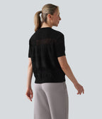 Pull tailleur col rond manches courtes crochet