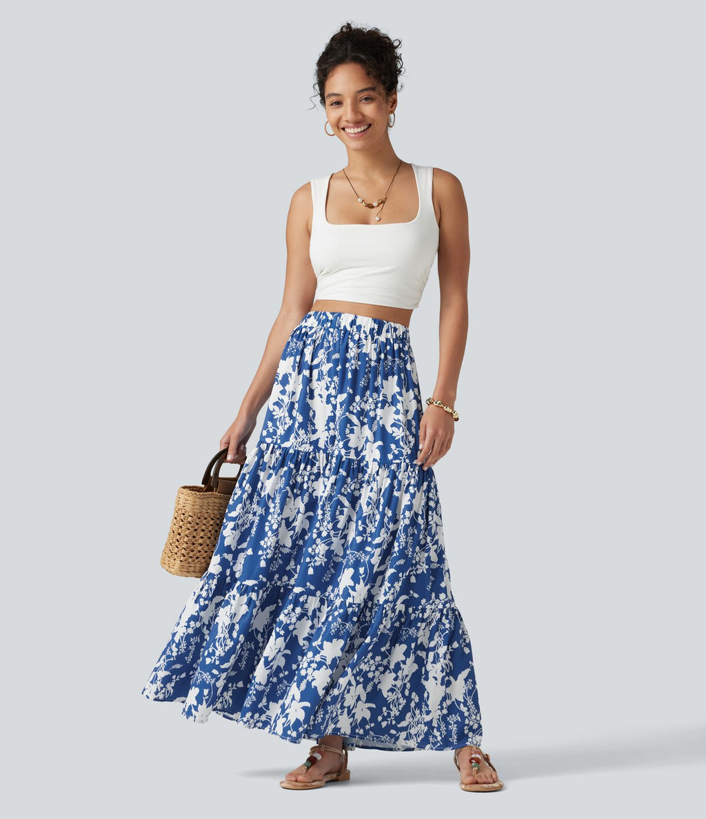 Jupe longue fluide taille haute à volants superposés imprimé floral pour les vacances