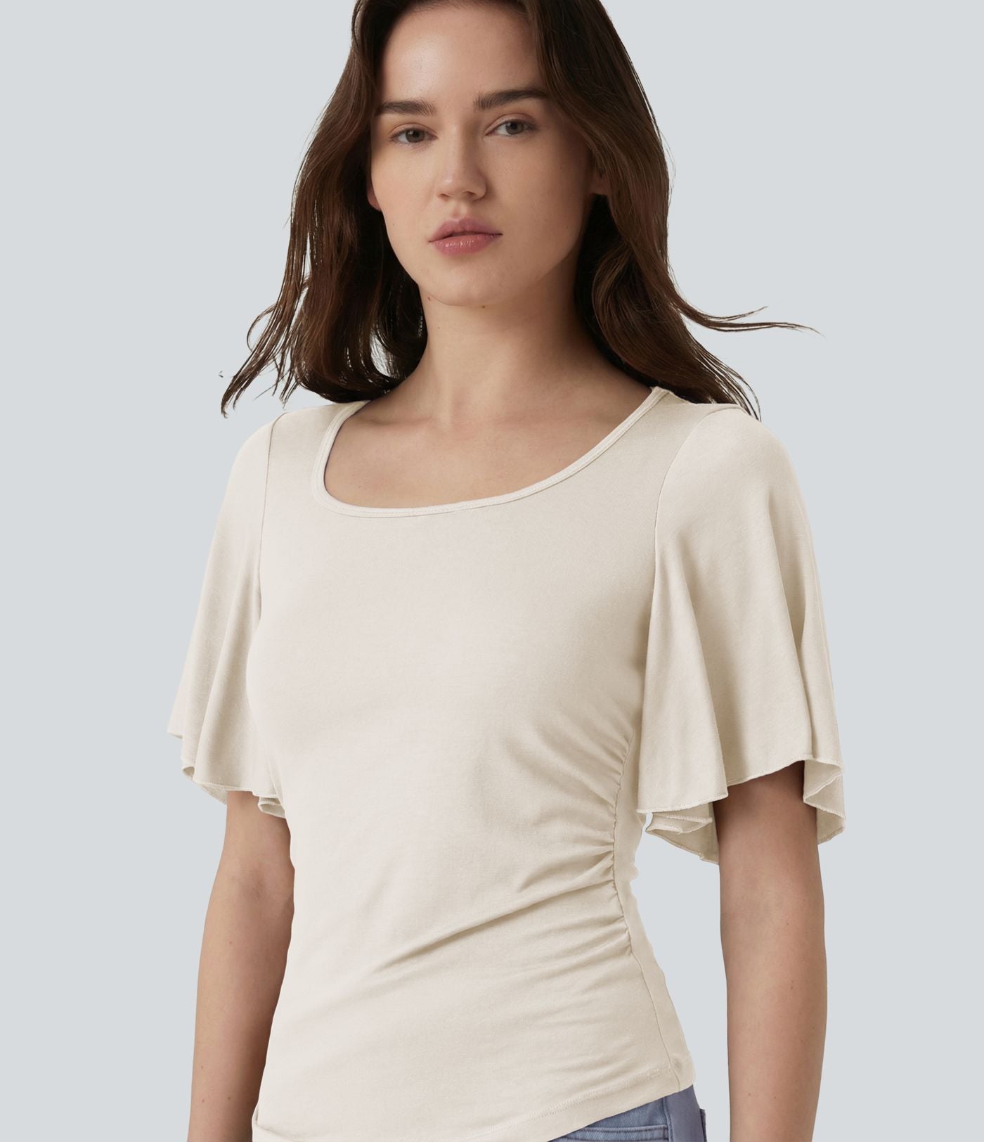 T-shirt décontracté maille côtelée col carré manches papillon froncé